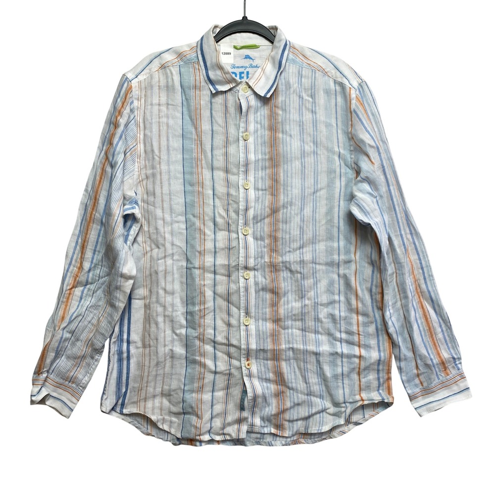 Tommy Bahama Linen Shirt Mens M White Blue Orange Relax Striped Button-Down